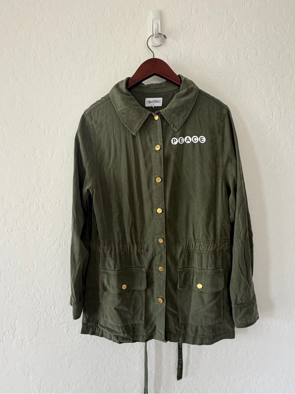 Lauren Moshi Green Peace Button Down Utility Jacket Drawstring Waist Small